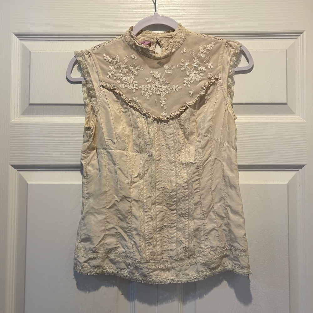 Monsoon silk lace Victorian style high neck cream sleeveless top elegant sz S